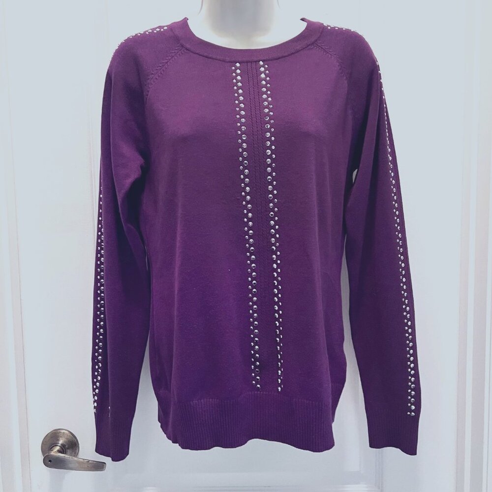 Vita Milano Embellished Silver Studs/Beads-Purple Womens Sweater-Long Sleeve-Med